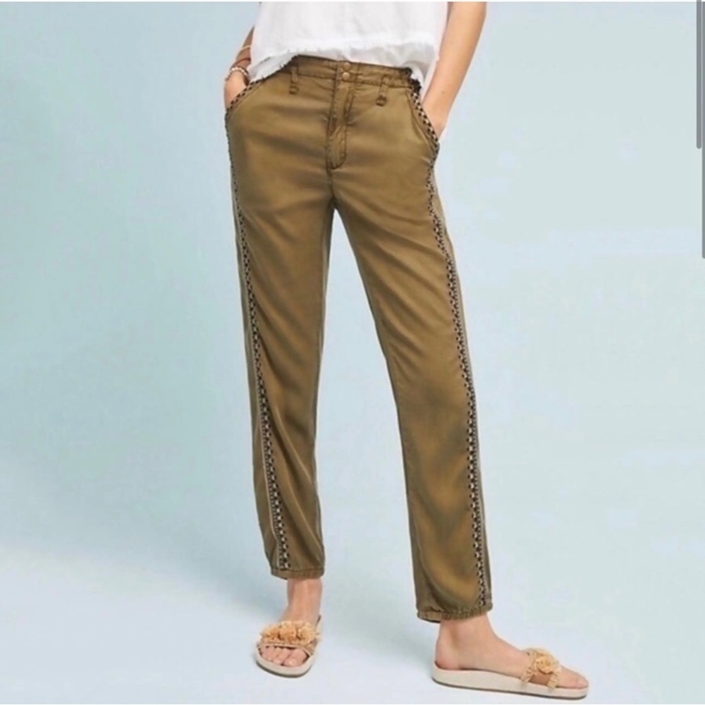 Anthropologie olive embroidered joggers